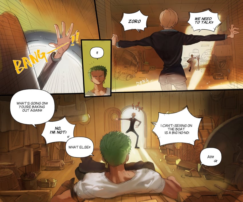 2boys blonde_hair boat_interior business_suit comic detailed_background english_text fully_clothed gay green_hair male male_only olu1132 one_piece pre-timeskip roronoa_zoro ship_interior suit vinsmoke_sanji yaoi