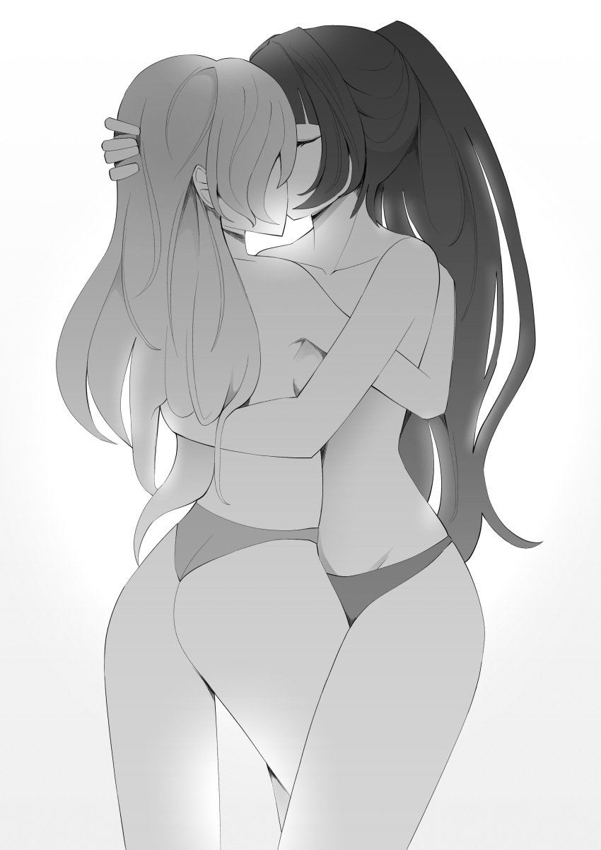 2girls arms_around_partner closed_eyes dark_hair hand_on_head honkai_impact_3rd kiana_kaslana kissing kon_ayako_(pixiv_73502531) long_hair monochrome nude panties raiden_mei standing uncensored white_background yuri