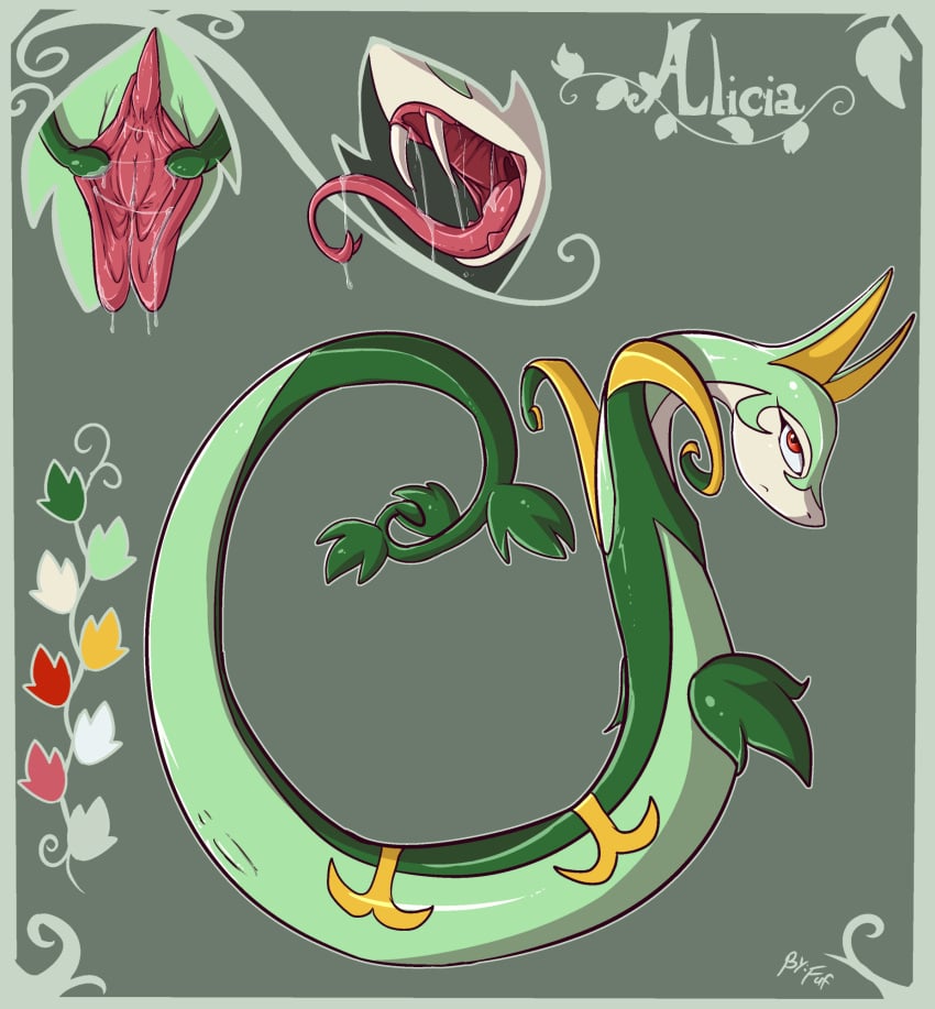 2017 alicia_(serperior) anus bodily_fluids border clitoris fangs_bared female feral fuf generation_5_pokemon genital_fluids genitals grey_background grey_border hi_res huge_labia innie_pussy long_labia model_sheet nintendo pinup pokemon pokemon_(species) pose presenting presenting_pussy pussy reptile saliva scalie serperior simple_background snake solo spread_pussy spreading tongue tongue_out urethra vaginal_fluids