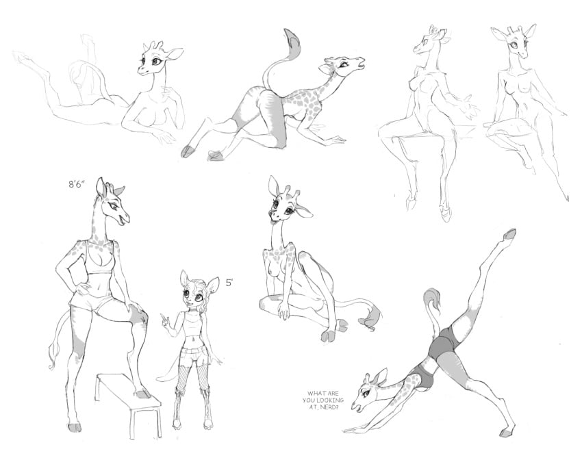 all_fours anthro breasts clothed clothing cloven_hooves coonkun dialogue digitigrade female fur giraffe giraffid hi_res hooves horn licking licking_lips looking_at_viewer mammal marsupial midriff multiple_images navel nipples nude open_mouth pussy sitting size_difference sketch_page smile spots spotted_fur tongue tongue_out underwear