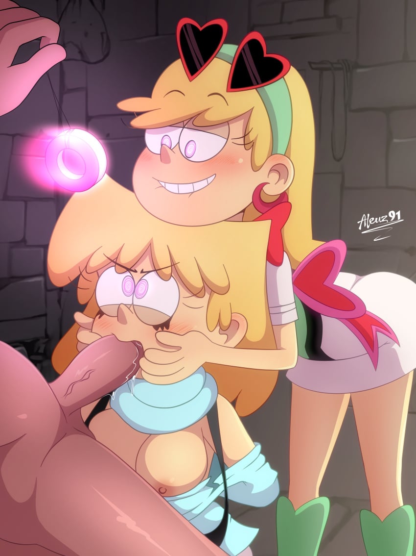 1boy 2girls aleuz91 angry_expression blonde_female blonde_hair blowjob cock dick forced_oral hypnosis leni_loud lori_loud nickelodeon penis sisters the_loud_house