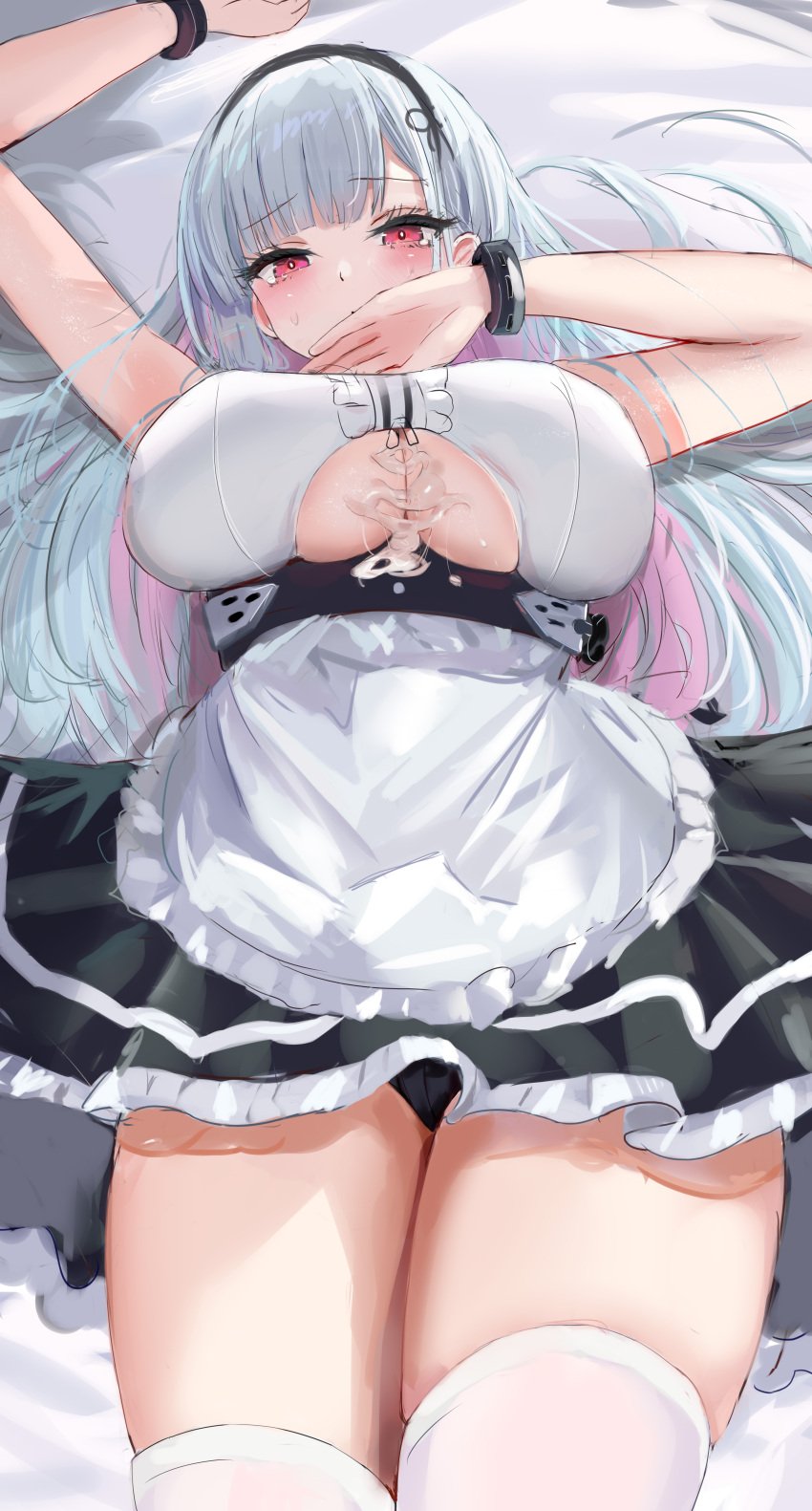 absurdres apron arms_up azur_lane black_hairband black_panties blush breasts colored_skin cum cum_on_body cum_on_breasts dido_(azur_lane) female hair_ornament hairband highres long_hair looking_at_viewer lshiki lying maid on_back panties pink_hair red_eyes solo thighhighs thighs underwear white_apron white_hair white_thighhighs