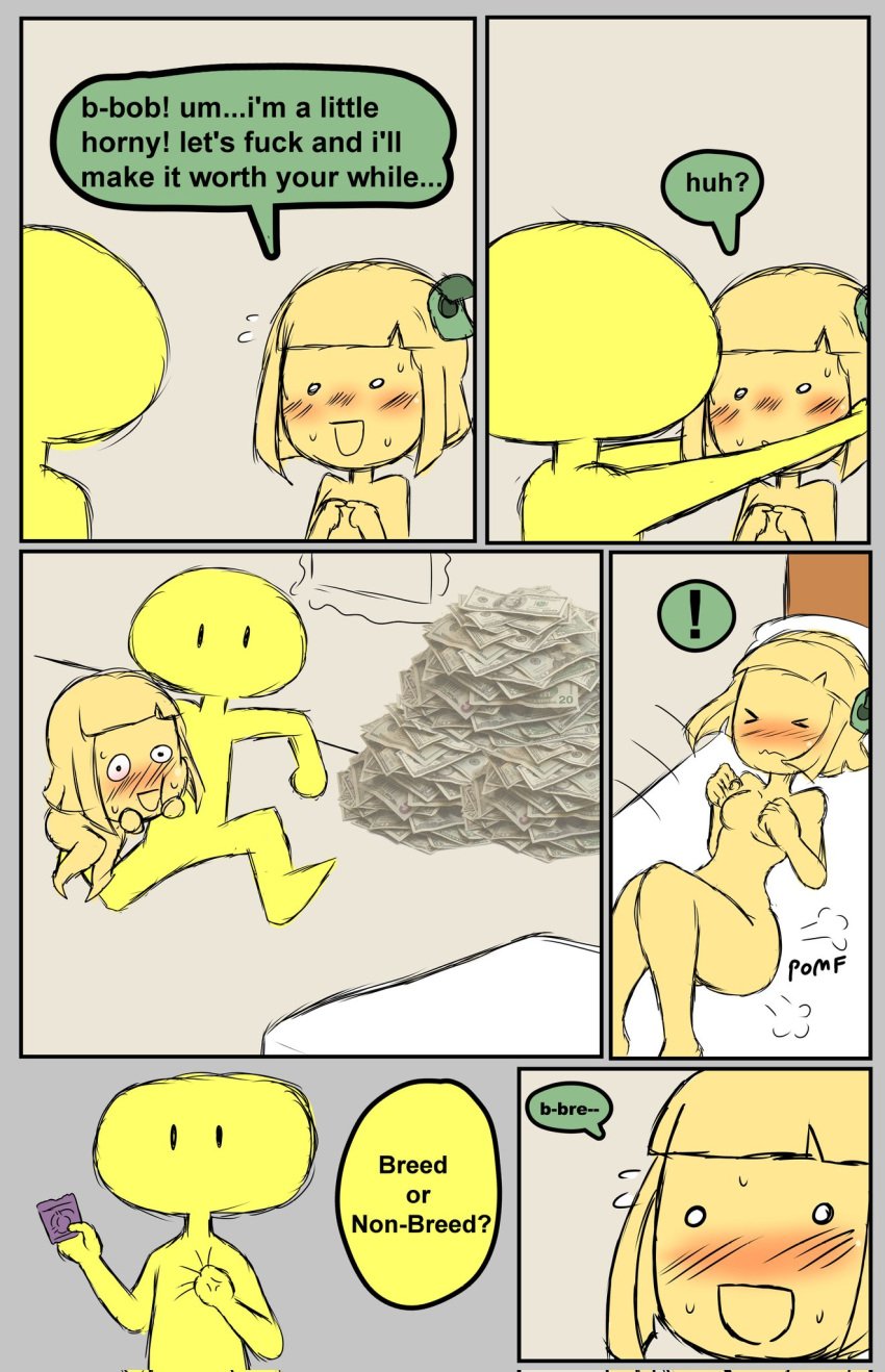 ! 1boy 1girls black_eyes blush bob_(dsand) closed_eyes comic condom dialogue ella_(dsand) english_text female female_focus fingers_together grabbing imminent_sex male medium_breasts money my_ghost_friend newtoonyguyv3 orange_body orange_hair sweat text tossing_on_bed yellow_body