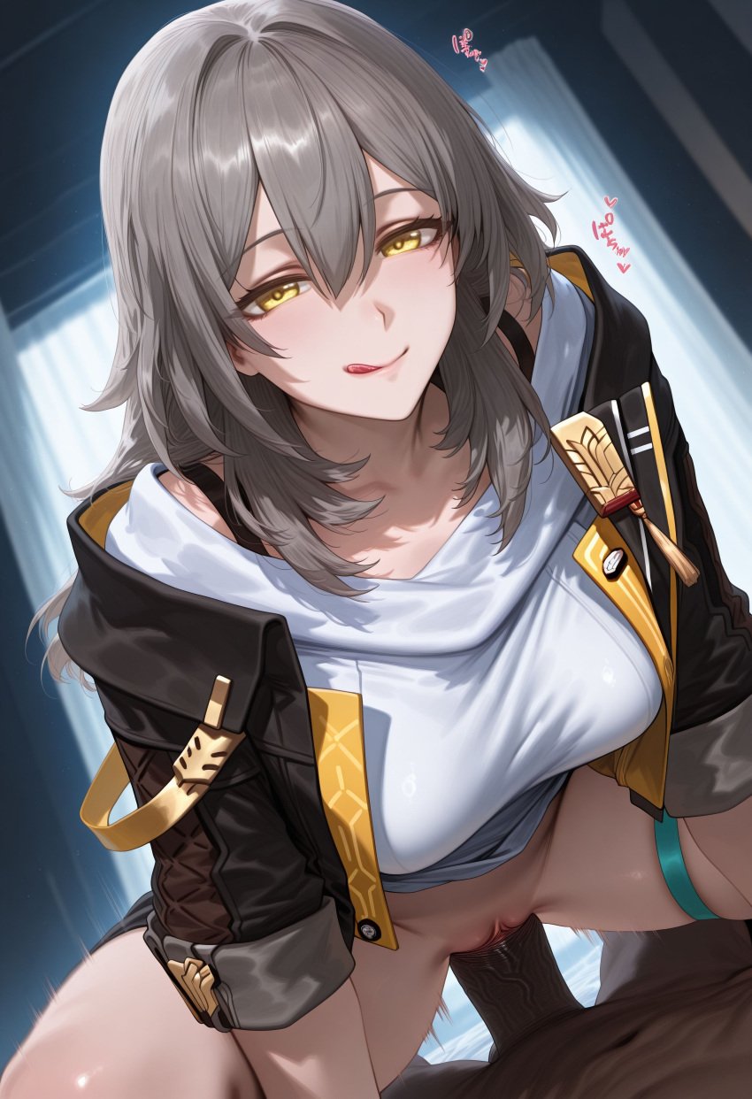 1boy 1girls ai_generated breasts cowgirl_position dark-skinned_male dark_skin grey_hair honkai:_star_rail honkai_(series) interracial looking_at_viewer penis stelle_(honkai:_star_rail) tagme testicles thick_penis vaginal_penetration yellow_eyes