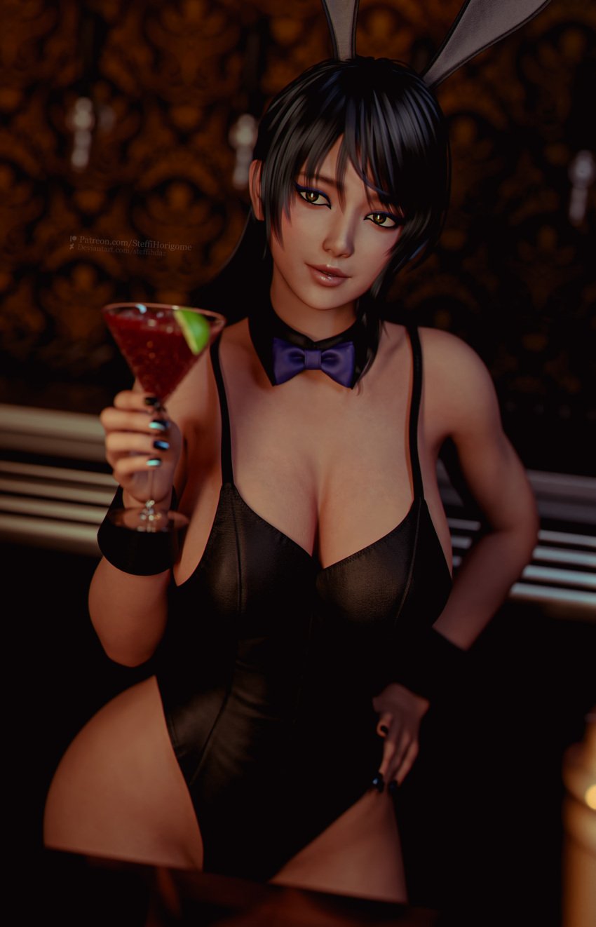 1girls alluring big_breasts bikini black_and_blue_hair cleavage dead_or_alive dead_or_alive_xtreme_venus_vacation holding_wine_glass one-piece_bikini shandy_(doa) steffih_daz tecmo