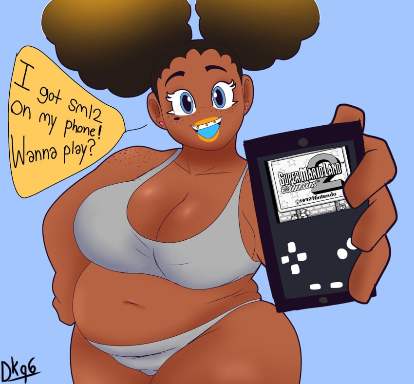 afro_puffs belly chubby chubby_belly chubby_female cleavage daisykitty96 dialogue fat female female_only melody_(daisykitty96) phone solo speech_bubble