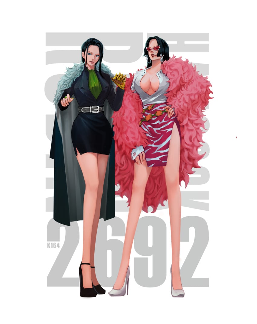 2021 2girls big_breasts boa_hancock breasts cigar cleavage clothed clothing cosplay donquixote_doflamingo_(cosplay) female female_only k164 long_legs nico_robin one_piece prosthetic_hand sir_crocodile_(cosplay)