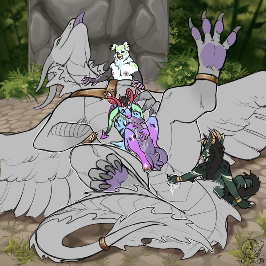 anthro anthro_on_feral anus bronze_(metal) collar dragon feathered_wings feathers feet feral fingering forest foursome genitals group group_sex halanari hi_res hybrid jewelry jungle licking male male/male male_anthro male_feral mythological_creature mythological_scalie mythology oral paws penile penis penis_lick petting plant scalie sex size_difference slave tongue tongue_out tree wings zoophilia