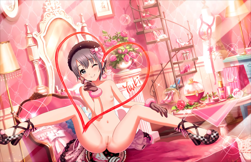 1girls anus ass bag bangs blush bow chair earrings eyebrows_visible_through_hair female flat_chest flower gloves grey_eyes grey_hair hat heart heels highres idolmaster idolmaster_cinderella_girls idolmaster_cinderella_girls_starlight_stage jewelry lamp lipstick lipstick_tube looking_at_viewer makeup mirror navel nipples nude one_eye_closed otokura_yuuki perfume pussy short_hair smile solo sparkle spread_legs thighs third-party_edit uncensored wink