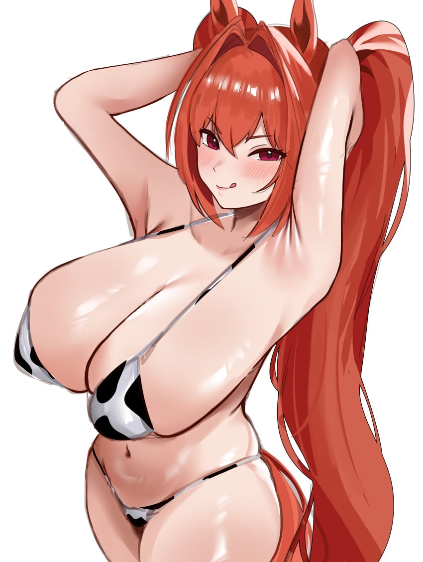 1girl armpits arms_behind_head arms_up brown_hair cleavage cowprint_bikini daiwa_scarlet_(umamusume) horse_ears horse_girl huge_breasts long_hair looking_at_viewer navel red_eyes rumina_runa sideboob solo stomach twintails umamusume umamusume_pretty_derby very_long_hair
