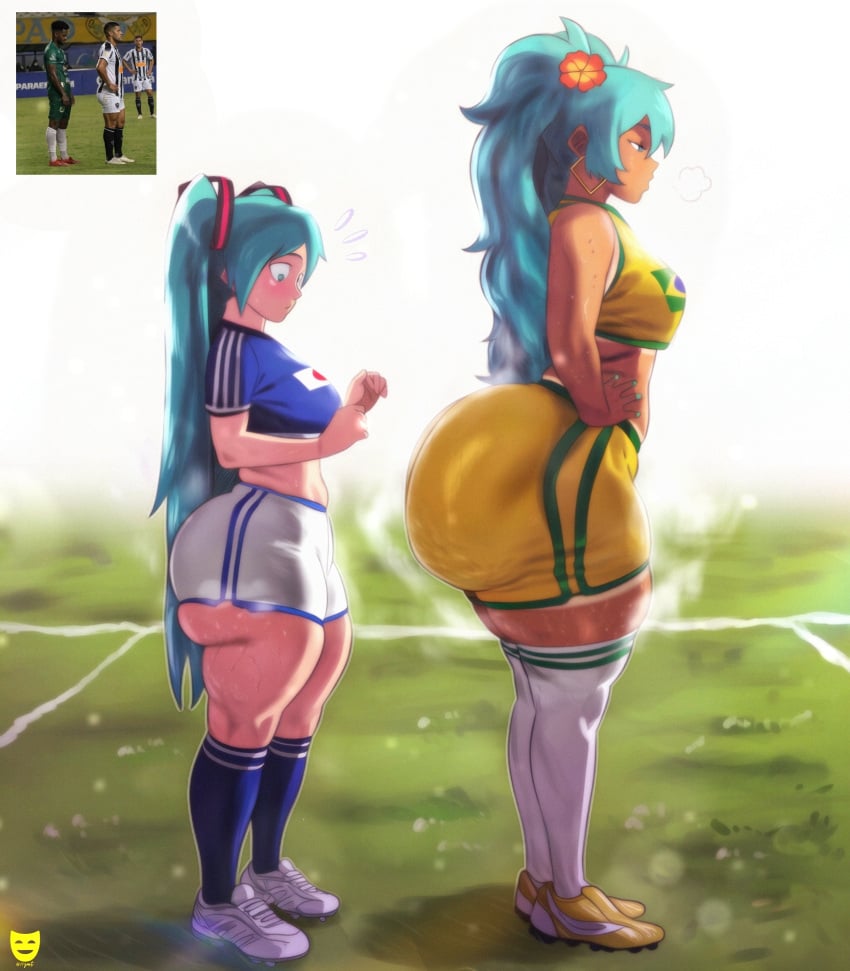 2girls aqua_hair ass ass_awe ass_size_difference big_ass big_butt brazilian_miku breasts cellulite curvy curvy_figure dark_skin fat_ass female_only flying_sweatdrops gigantic_ass hand_on_hip hatsune_miku hi_res highres huge_ass huge_butt massive_ass phat_ass plump_ass reference_image short_shorts soccer_uniform surprised tan tanline thick_ass thick_thighs twintails vocaloid world_cup z-art