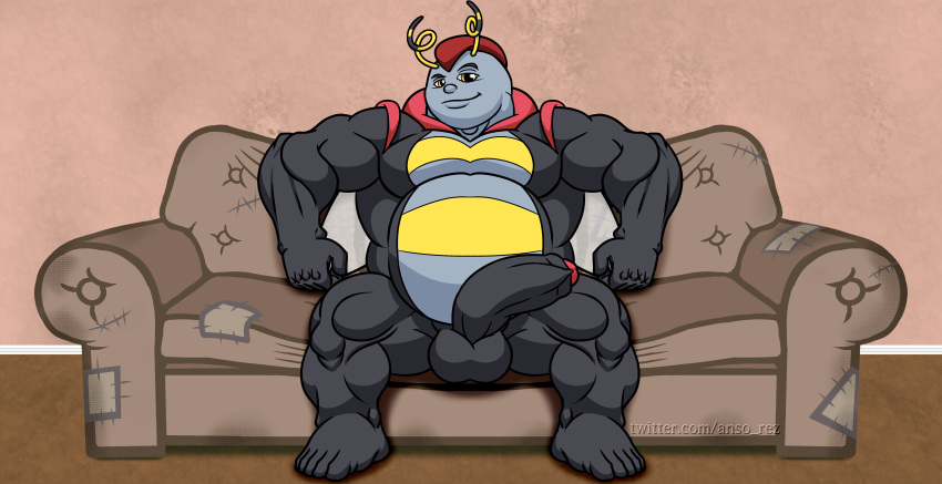 2019 absurd_res anso/rez anthro anthrofied arthropod balls barefoot biceps big_balls big_muscles big_penis hair half-erect hi_res humanoid humanoid_penis insect_wings insects looking_at_viewer male male_only mohawk musclegut muscular muscular_male nintendo nude pecs penis pokémon_(species) pokémorph pokemon red_hair resting sitting slightly_chubby smile sofa solo spread_legs spreading thick_thighs toes uncut video_games volbeat wings yellow_eyes