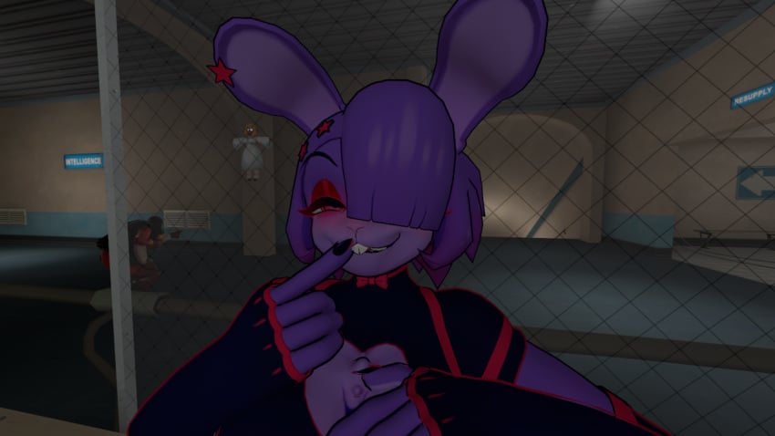 3d anthro bonfie bonfie_(cryptia) bonfie_(fn:rearousal) bonnie_(fnaf) bunny_ears cryptiacurves deltarune demoman_(team_fortress_2) fazclaire's_nightclub fazclaire's_nightclub:_the_rearousal five_nights_at_freddy's fnaf fredina's_nightclub gmod human laugh noelle_holiday purple_hair sfm team_fortress_2