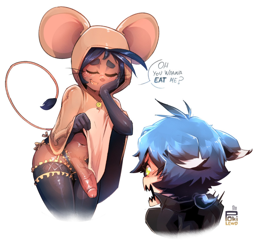 2boys anthro dark-skinned_femboy dark-skinned_male dark_skin dialogue erection femboy garter_belt garter_straps highres hood hoodie jerry_mouse large_penis lift male mouse multiple_boys panties penis pokilewd shoes tail thick_thighs thighhighs thighs tom_and_jerry tom_cat trap underwear whiskers