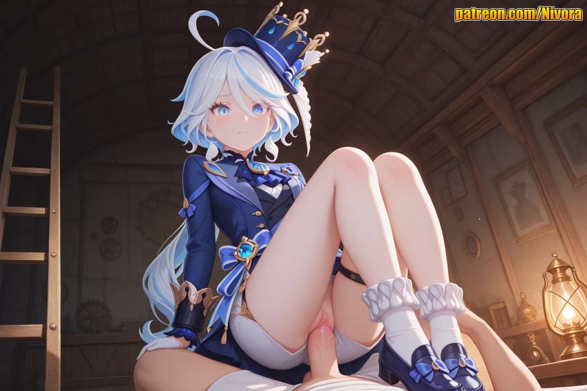 1boy 1girl ahoge ai_generated ascot blue_ascot blue_eyes blue_footwear blue_hair blue_headwear blue_jacket blush bottomless bow breasts censored closed_mouth clothed_sex cowgirl_position cowlick dress frilled_socks furina_(genshin_impact) genshin_impact girl_on_top gloves hair_between_eyes hat hetero heterochromia indoors jacket knees_up legs light_blue_hair long_hair long_sleeves looking_at_viewer mismatched_pupils multicolored_hair nivora penis pov pussy sex shoes short_hair short_shorts shorts sitting sitting_on_person socks solo_focus straddling streaked_hair thigh_strap thighs top_hat uncensored vaginal vision_(genshin_impact) white_gloves white_hair white_shorts white_socks