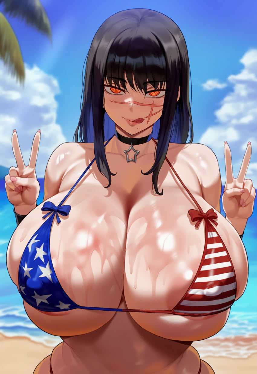 1girl 1girls absurd_res absurd_resolution absurdres ai_assisted ai_generated ass ass_up beach big_ass big_breasts big_butt bikini black_hair breasts breasts_out chainsaw_man choker covered_nipples curvy hi_res high_quality high_resolution highres huge_ass huge_breasts huge_butt human meiogun micro_bikini mitaka_asa navel nipples nipples_visible_through_clothing oiled oiled_body oiled_skin orange_eyes scar scarred_body scarred_face solo solo_female solo_focus sweat sweatdrop tongue tongue_out water wide_hips wide_thighs yoru_(chainsaw_man)