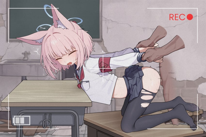 1boy 1girls animal_ear_fluff animal_ears blue_archive blue_eyes blue_halo blush dark-skinned_male fox_ears fox_girl frown halo holding_another's_wrist insertion ju_ge niko_(blue_archive) ntr petite pink_hair prison_guard_position recording sailor_collar school_uniform serafuku sex skirt thrusting vaginal_penetration