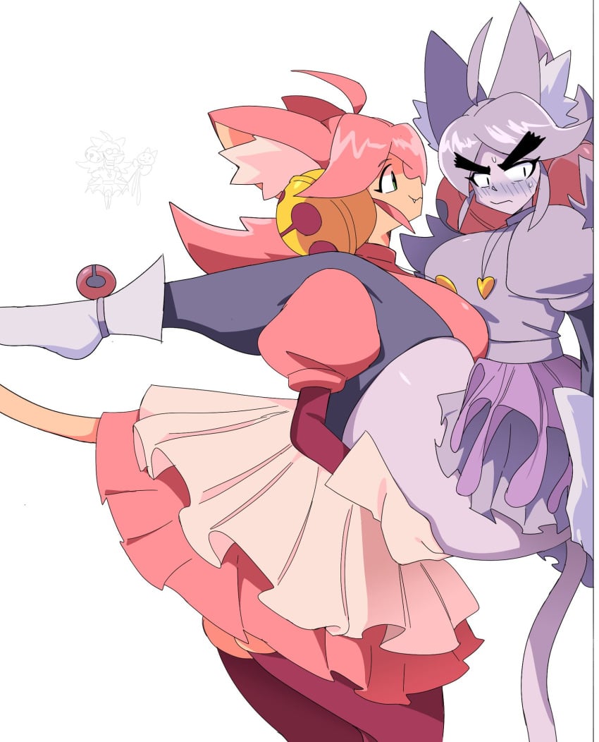 2girls against_surface ass ass_grab bell big_ass big_breasts big_eyebrows blush blushing bottom_heavy breasts cat_ears cat_tail catgirl cyberlord1109 deltarune deltarune_chapter_5 embarrassed eyebrows female frilled_skirt glitchlord8391 grabbing_ass hips huge_ass huge_breasts huge_hips irritable_ghost_(deltarune) locket mad_mew_mew pink_(deltarune) pinned skirt smile smiling sweat tail thick_thighs thigh_highs thighhighs thunder_thighs undertale yuri