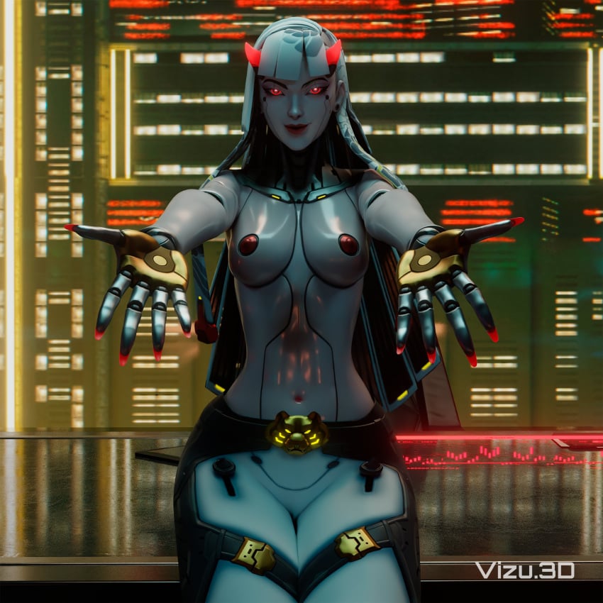1girls 3d blizzard_entertainment breasts female nipples overwatch red_eyes robot robot_girl shion_(overwatch) solo tagme_(artist) white_hair