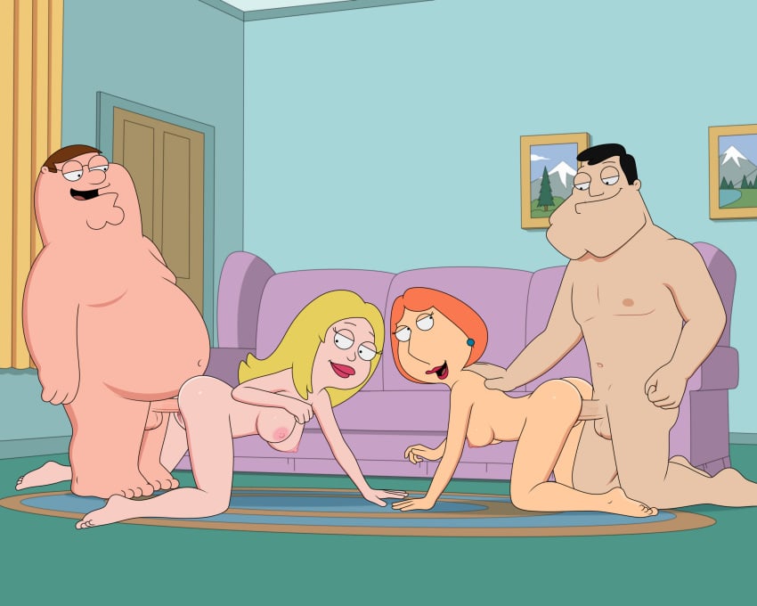 2boys 2girls american_dad ass barefoot black_hair blonde_hair breasts brown_hair couch doggy_style earrings family_guy fat_man female foursome francine_smith glasses happy_sex human human_only husband_and_wife large_breasts light-skinned_female light-skinned_male light_skin lipstick living_room lois_griffin long_hair looking_at_another looking_at_penis looking_back looking_down makeup male mature mature_female milf nipples nude on_knees open_mouth orange_hair partner_swap penis peter_griffin pussy red_lipstick sex sfan short_hair side_view sideboob smiling stan_smith standing straight swapping_partners swingers testicles vaginal_penetration vaginal_sex wife_swap