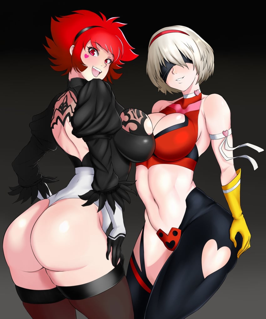 00s 2010s 2019 2girls 5_fingers android ass big_ass big_butt blindfold breast_press breasts bubble_ass bubble_butt butt choker costume_switch crop_top crossover curvaceous cutie_honey cutie_honey_(character) dat_ass dress duo female gloves gradient_background hair_band hand_on_ass heart highleg highres honey_kisaragi huge_ass huge_butt humanoid large_breasts leotard mkonstantinov navel nier:_automata nier_(series) pale-skinned_female pale_skin pants re:_cutie_honey red_eyes red_hair robot robot_humanoid short_hair smile square_enix thick_thighs thighhighs white_hair wide_hips yorha_2b