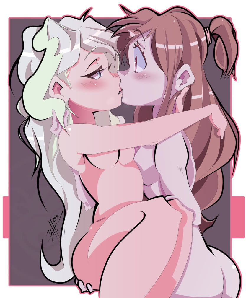 2girls akko_kagari ass atsuko_kagari autaku blue_eyes blush breasts brown_hair butt_crack carrying couple diakko diana_cavendish eye_contact eyebrows_visible_through_hair female green_hair grey_background half-closed_eyes highres hug kagari_atsuko kissing little_witch_academia long_hair looking_at_another medium_breasts multicolored multicolored_hair multiple_girls neck nude ponytail princess_carry red_eyes shiny shiny_hair silver_hair surprised two-tone_hair very_long_hair wide-eyed yuri