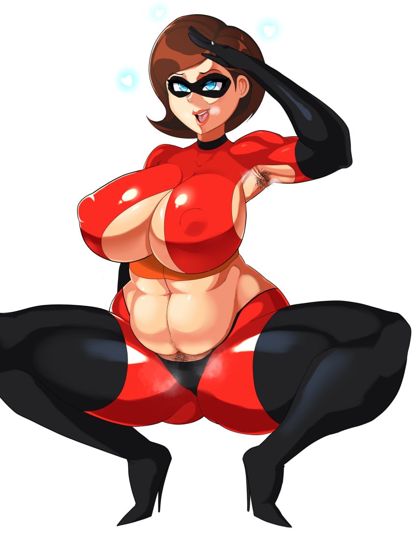 1girls abs absurdres armpit_hair breasts cleavage disney elastigirl female female_only helen_parr highres huge_breasts pixar pregnant pubic_hair solo spread_legs squatting the_incredibles xiceowl