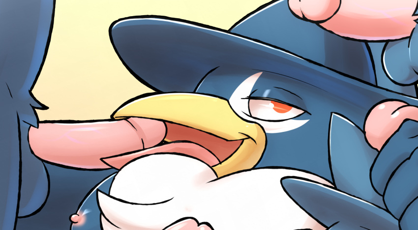 1boy 1girls avian beak breasts fellatio female gobanire group handjob hi_res honchkrow humanoid_penis male nintendo nipples oral penis pokémon_(species) pokemon pokemon_dppt straight testicles video_games