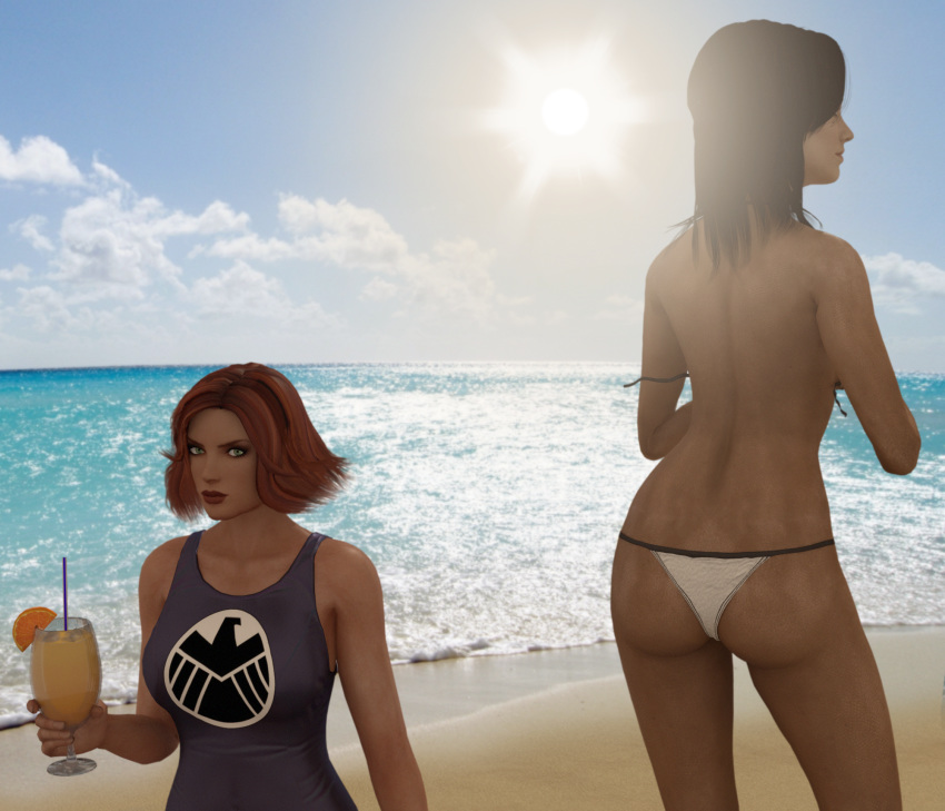 2girls 3d ass beach black_widow_(marvel) cocktail crossover female female_only human human_only jc-starstorm light-skinned_female light_skin marvel mass_effect miranda_lawson natasha_romanoff red_hair s.h.i.e.l.d. seaside swimsuit themed_clothes