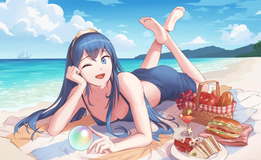 1girls :d alternative_costume apple awan97 bangs bare_shoulders barefoot beach berry blue_bikini_top blue_eyes blue_hair blue_sarong blue_sky breasts cleavage cloud crossed_legs cup day drink drinking_glass feet female fire_emblem fire_emblem_awakening fire_emblem_heroes food fruit hair_between_eyes high_resolution horizon legs_up long_hair lucina_(fire_emblem) lying mountainous_horizon ocean on_stomach one_eye_closed open_mouth orb picnic_basket plate sand sandwich sarong ship shore sky small_breasts smile soles the_pose tiara toes towel very_high_resolution watercraft waves wine_glass