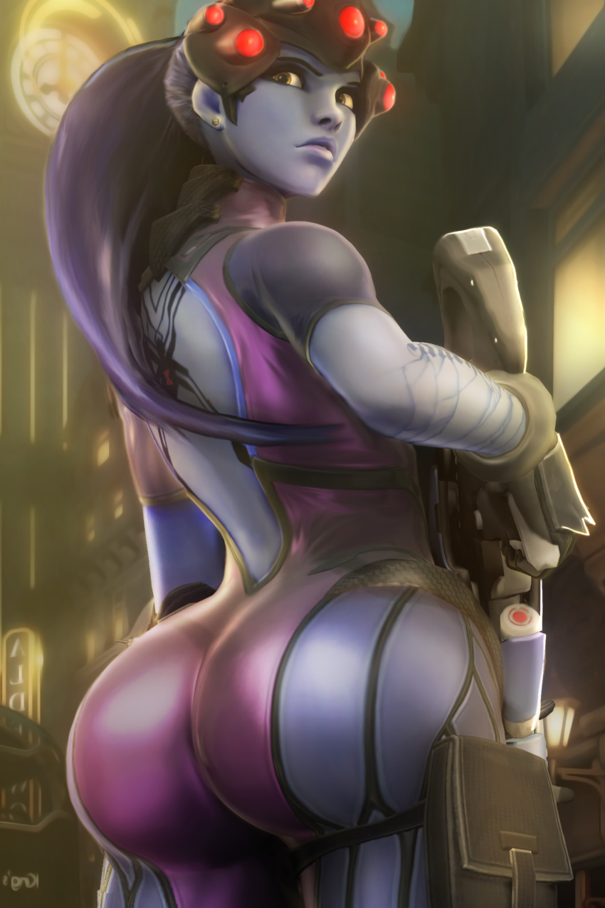 1girls 3d ass big_ass big_butt blizzard_entertainment blue_skin brown_eyes bubble_ass clothed dat_ass female female_only huge_ass huge_butt large_ass large_butt looking_back overwatch purple_hair raikovjaba solo solo_female tight_clothing weapon widowmaker