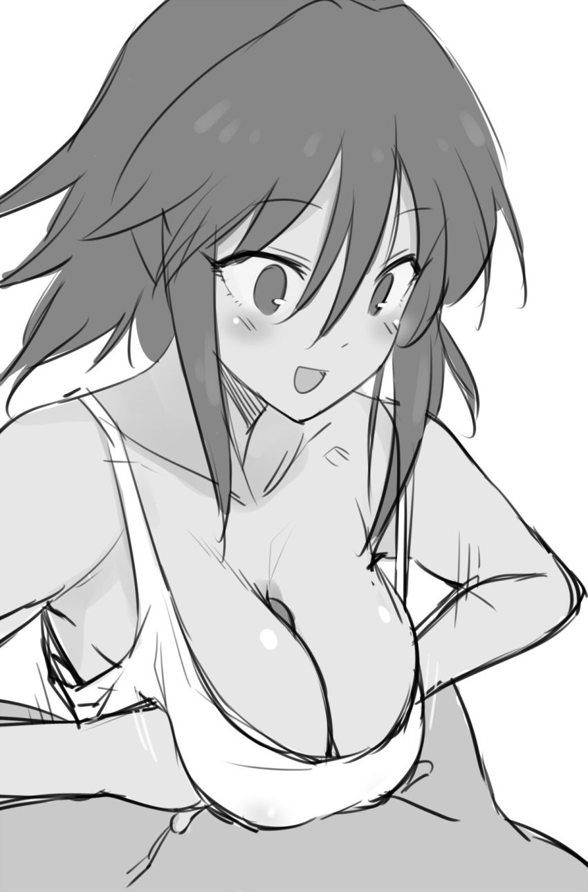 bangs bare_shoulders blush breast_squeeze breasts collarbone dark_skin female greyscale hair_between_eyes highres idolmaster idolmaster_cinderella_girls large_breasts monochrome natalia_(idolmaster) open_mouth paizuri paizuri_under_clothes penis short_hair simple_background smile solo_focus straight white_background yamaguchi_(shinigami-no-barad)