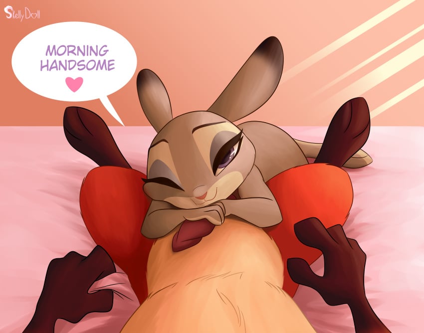 <3 absurd_res anthro bed bed_sheet bedding canid canine dialogue dipstick_ears disney duo english_text female female_focus first_person_view fox fur furry furry_only grabbing_sheets heart hi_res imminent_oral judy_hopps lagomorph leporid light lying male mammal morning multicolored_ears naked nick_wilde nude on_back on_front one_eye_closed oral penis purple_eyes rabbit skeletonguys-and-ragdolls smile spread_legs spreading straight sunlight text wink zootopia