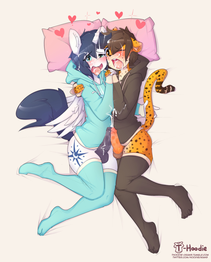 2boys anthro blush clothed clothing cum cum_on_clothing cum_on_face equid equine erection fan_character femboy furry girly heart hoodie hoodie_(artist) leggings legwear mammal orgasm original penis pillow sweater thighhighs toe_socks toes tongue tongue_out trap