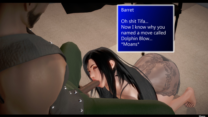 3d ass barret_wallace big_breasts black_hair caption dark-skinned_male fellatio final_fantasy final_fantasy_vii honey_select huge_breasts interracial kneeling lingerie oral penis pun red_eyes seductive see-through shanodeshano showing_off studio_neo sucking suggestive tifa_lockhart