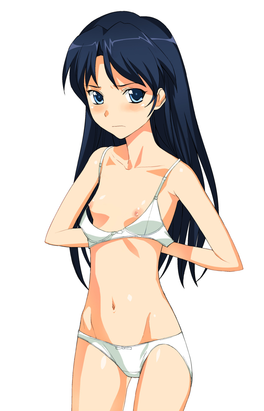 blue_eyes blue_hair blush bra breasts chihaya_kisaragi flat_chest high_resolution idolmaster kisaragi_chihaya lingerie long_hair navel nipples panties standing underwear undressing white_panties