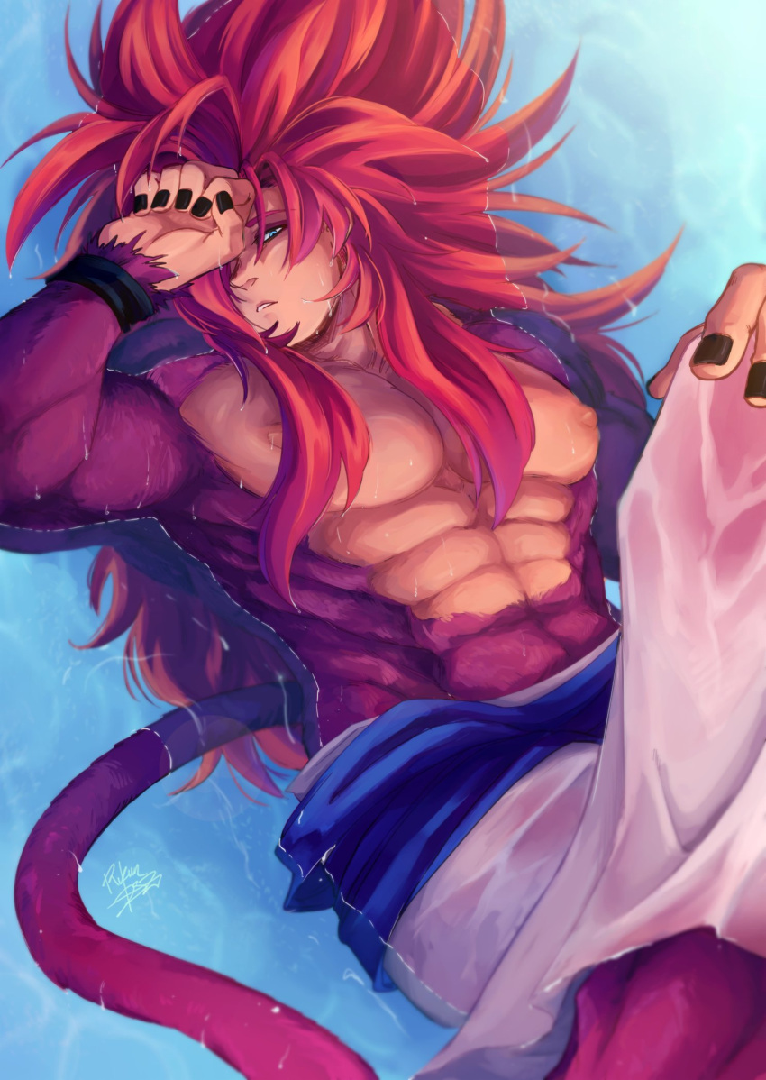 1boy abs adult adult_male black_nails blue_eyes dragon_ball erect_nipples exposed exposed_nipples floating fused fusion fusion_character gogeta looking_away male male_only muscular muscular_male nipples nipples_bulge one_eye_closed red_fur red_hair rykun_dsz saiyan saiyan_male saiyan_tail solo ssj4 super_saiyan super_saiyan_4 tail water