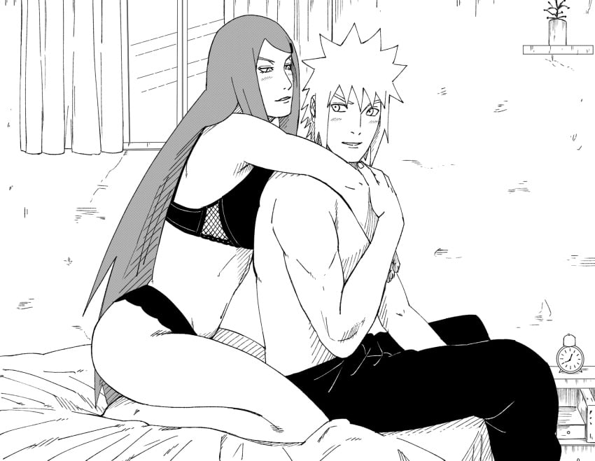 1boy 1girls bare_shoulders barefoot bed before_sex black_and_white blush bra breasts canon_couple couple female hugging hugging_from_behind husband_and_wife kneeling kneeling_on_bed lingerie lingerie_bra lingerie_panties long_hair male male/female midriff milf monochrome namikaze_minato nanxdaime naruto naruto_(series) naruto_shippuden on_bed panties pants red_hair romantic romantic_couple shirtless shirtless_male sitting sitting_on_bed straight underwear underwear_only uzumaki_kushina very_long_hair