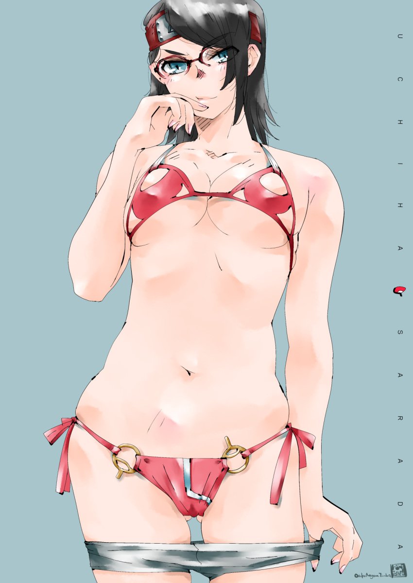 1girls ass ass_visible_through_thighs belly belly_button big_breasts bikini bikini_bottom bikini_top black_hair black_nail_polish black_nails blue_eyes booty_shorts boruto:_naruto_next_generations breasts busty cameltoe cleavage clothed clothing female female_focus female_only forehead_protector glasses hairband headband hi_res high_resolution highres hips inner_sideboob jeans konohagakure_symbol large_breasts light-skinned_female light_skin lips lipstick looking_at_viewer makeup micro_bikini mike156 minishorts nail_polish naruto naruto_(series) painted_nails pale-skinned_female pale_skin pink_lips pink_lipstick pinup red_bikini red_bikini_bottom red_bikini_top red_panties red_swimsuit sarada_uchiha short_hair short_shorts shorts shounen_jump shueisha solo solo_female solo_focus stripping swimsuit teen teenage_girl teenager thighs tomboy uchiha_sarada underboob undressing very_high_resolution weekly_shonen_jump wide_hips