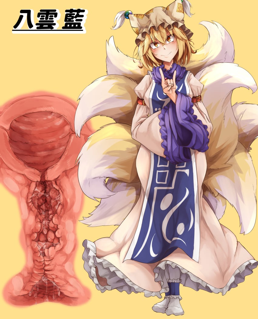 absurdres animal_hat blonde_hair blue_tabard cervix cross_section dress endometrium female fox_shadow_puppet fox_tail frilled_dress frilled_hat frills full_body hair_between_eyes hand_up hat head_tilt highres kitsune kyuubi labia_minora looking_at_viewer mahimaru medium_hair mob_cap multiple_tails myometrium oerba_yun_fang perimetrium pussy_juice ran_yakumo sleeve_garter socks solo standing tabard tail tails tassel textless_version touhou translation_request uterus white_dress white_hat white_socks wide_sleeves yakumo_ran yellow_background yellow_eyes