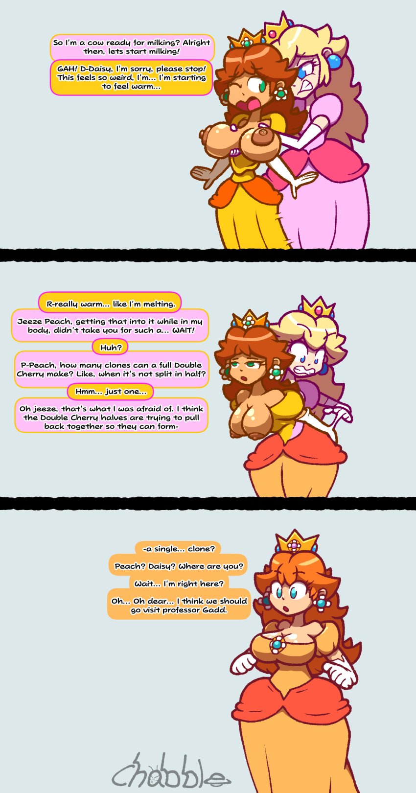 blonde_hair brown_hair chabble comic english_text fusion fusion_character large_breasts mario_(series) merging nintendo orange_hair page_2 princess_blossom_(chabble) princess_daisy princess_peach super_mario_bros. text thick_thighs transformation