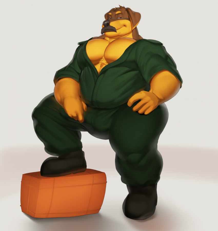 1boy anthro balls_bulge bara bara_tiddies bara_tits big_bulge cleavage daddy diggs_collyar dilf furry hand_on_bulge hand_on_hip justmegabenewell looking_at_viewer male male_cleavage male_only mature mature_male moustache muscle_gut musclegut muscular_male overweight overweight_male paramedic rottweiler solo solo_male