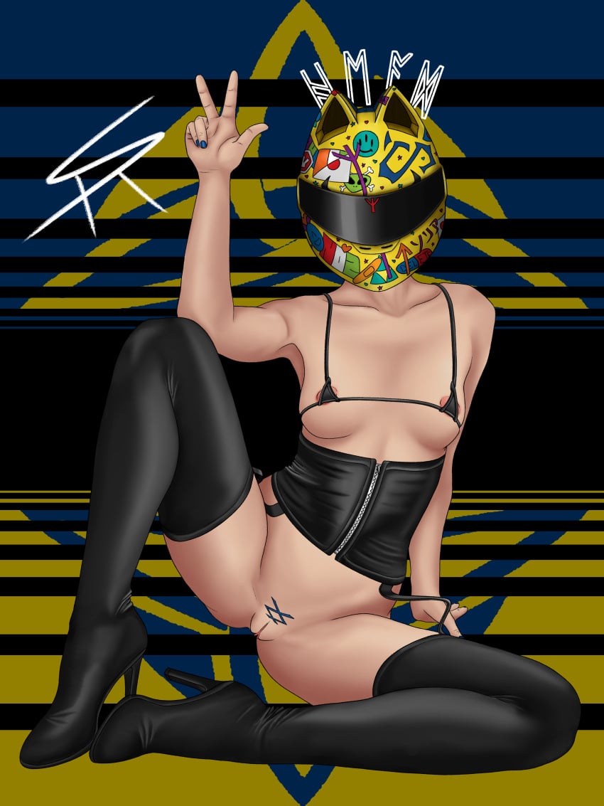 cat_ears celty_sturluson durarara!! latex motorcycle_helmet nail_polish peace_sign pussy stickers tagme