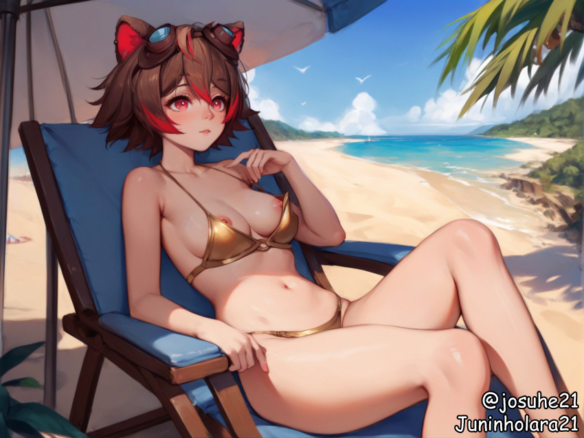 ai_generated beach beach_chair bikini breasts brown_hair goggles_on_head hispanic_virtual_youtuber juninholara21 nipple_slip nipples rakkun red_eyes short_hair sitting sitting_on_chair streaked_hair umbrella virtual_youtuber vtuber