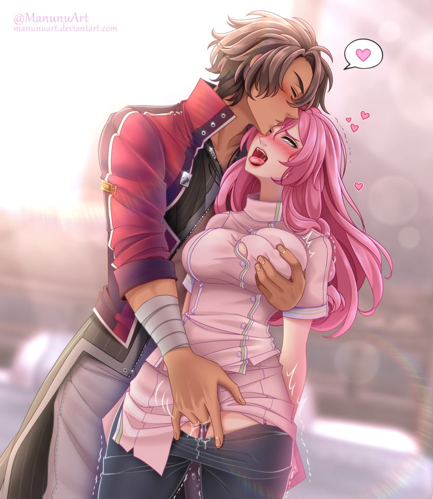 1boy 1girls ahe_gao blush breast_grab brown_hair closed_eyes clothed clothed_sex clothing commission dark-skinned_male dark_skin eiyuu_densetsu fingering forehead_kiss gaius_worzel happy_sex heart imminent_orgasm interracial kissing light-skinned_female light_skin linde_(eiyuu_densetsu) looking_pleasured male_fingering_female manu-chann manunuart nurse nurse_uniform open_mouth pink_hair pussy_juice pussy_juice_drip sen_no_kiseki spoken_heart trails_of_cold_steel trembling wholesome