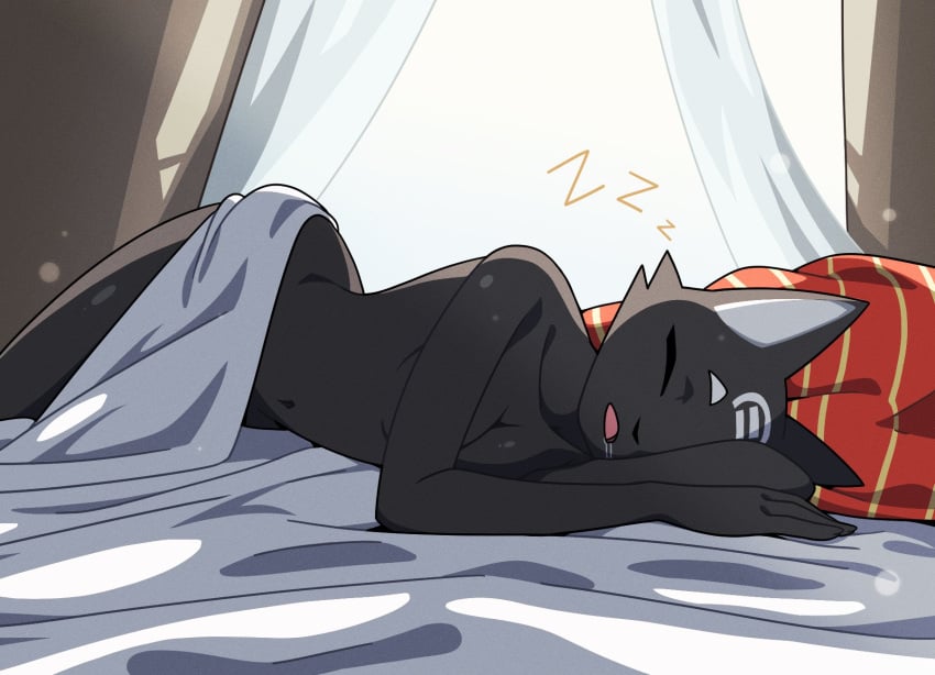 1girls 2024 black_body black_fur breasts cheek_tuft closed_eyes feline female female_only furry furry_only medium_breasts navel nulia on_bed on_side open_mouth saliva saliva_trail sleeping sleeping_nude snoring tarahe zzz