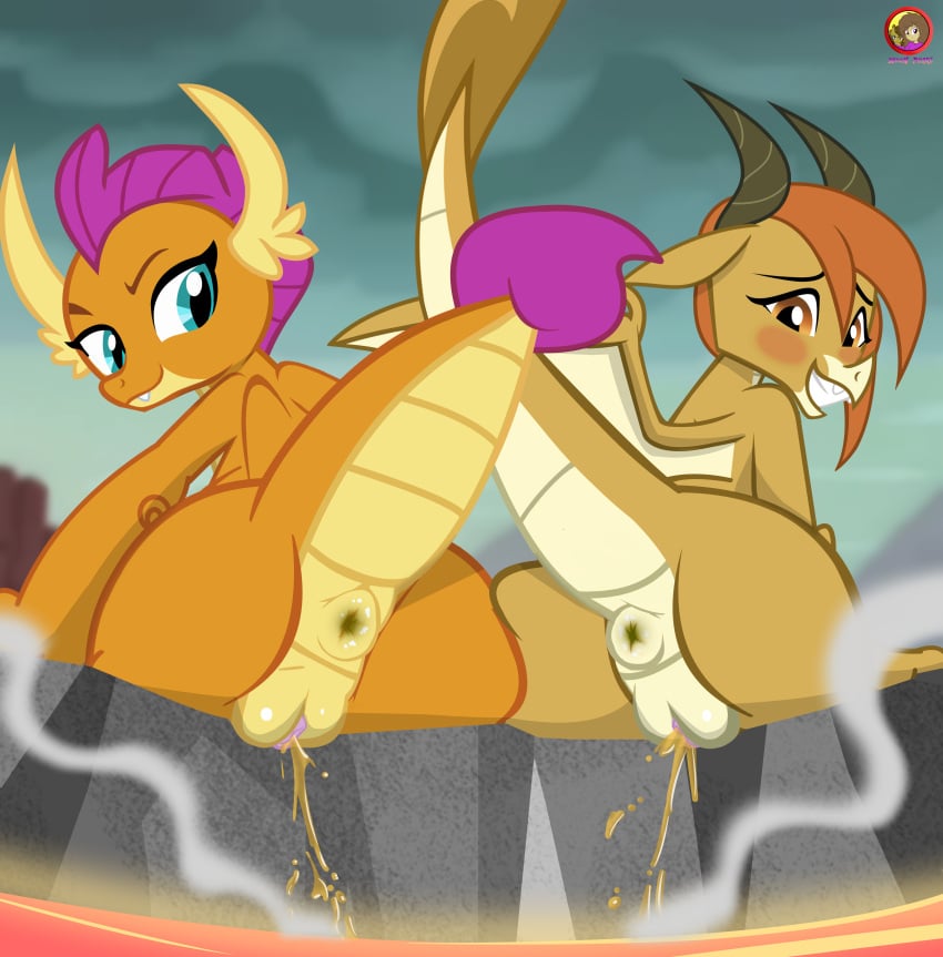 absurd_res anus crater dragon duo female female/female feral friendship_is_magic genitals hasbro hi_res horn lava looking_back moon_pearl my_little_pony mythological_creature mythological_scalie mythology ocellus_(dragon_form) ocellus_(mlp) on_model peeing pussy scalie smolder_(mlp) succubi_samus