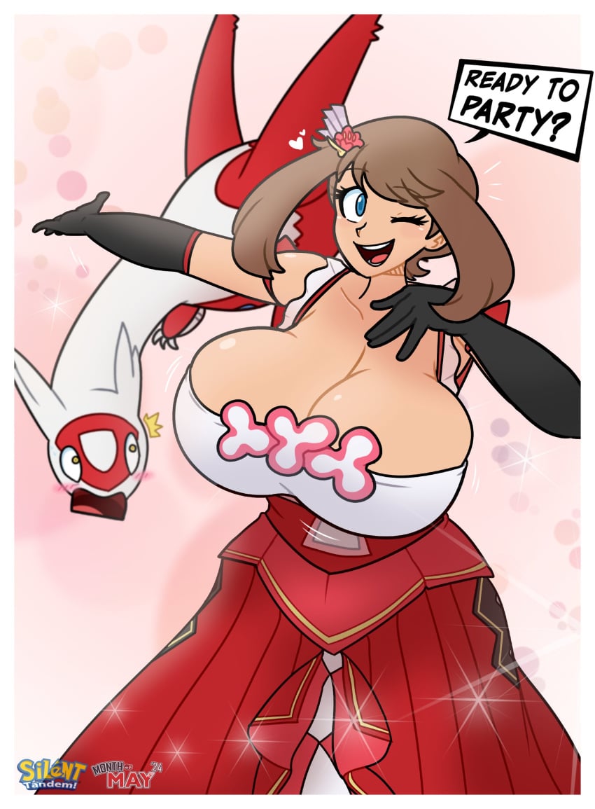 1girls alternate_costume anniversary_may_(pokemon_masters) blue_eyes blushing brown_hair cleavage dialog dialogue dress gloves huge_breasts large_breasts latias may_(pokemon) official_alternate_costume pokemon pokemon_(species) pokemon_masters pokemon_masters_ex pokemon_rse red_dress silenttandem sparkles tagme winking winking_at_viewer