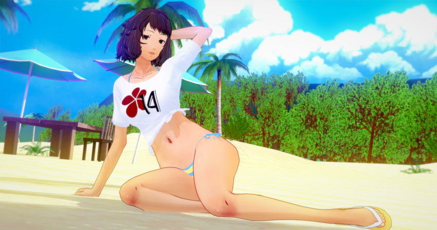 1girls 3d beach bikini black_hair blue_bikini blue_swimsuit breasts brown_eyes clouds gg-koi koikatsu large_breasts looking_at_viewer midriff navel outside palm_tree persona persona_5 sadayo_kawakami sandals shirt short_hair side-tie_bikini side-tie_swimsuit sky striped_bikini striped_swimsuit swimsuit swimwear teacher tied_shirt umbrella white_shirt yellow_bikini yellow_swimsuit