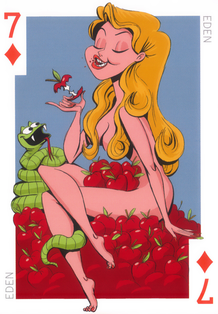 54_international_cuties adam_and_eve apple apples bible bill_presing blonde_hair casual christianity eating eden eve female garden_of_eden hair_covering_breasts human nudist pale_skin pinup playing_card religion satan sitting snake straight_hair temptation